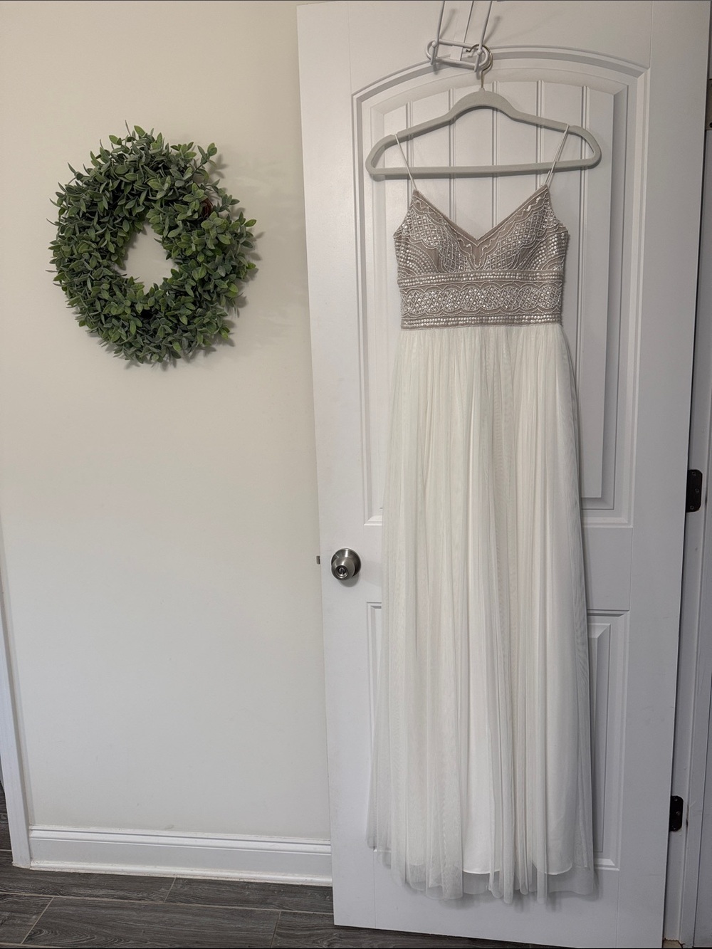 Adrianna Papell Beaded Bodice Tulle Dress in Ivory and Champagne